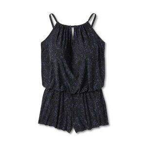 Small - Womens High Neck Swim Romper Pockets One Piece Swimsuit - Blue Speck